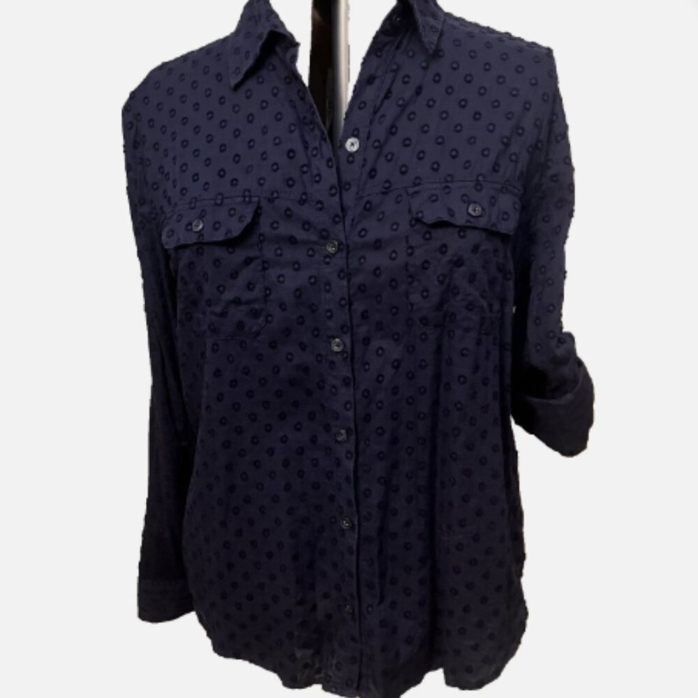 New York & Co. Sz XL. Navy Blue. Dotted Swiss. Cotton. Roll Tab Cuffs. AL